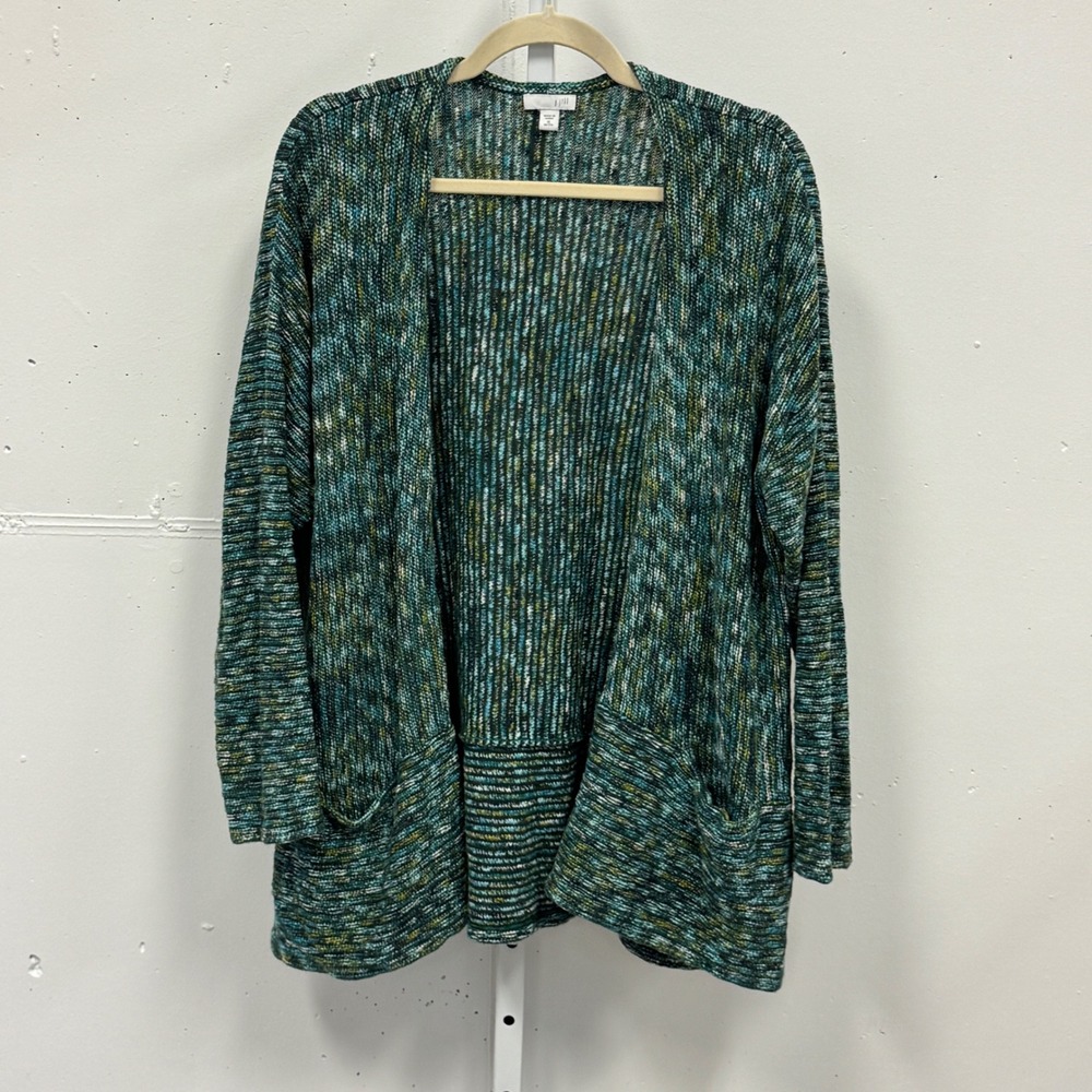 J. Jill Green Space Dye Open Front Cardigan Sweater XL Petite Cotton Blend - Picture 1 of 9